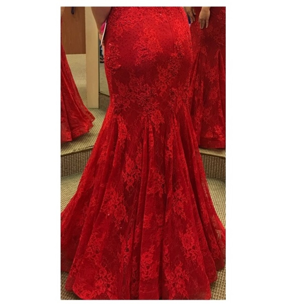 Mori Lee Red Lace Fit & Flare Dress - Picture 4 of 8